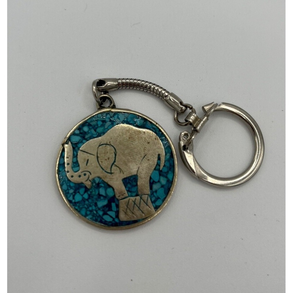 Vintage Alpaca Silver Elephant Turquoise Keychain